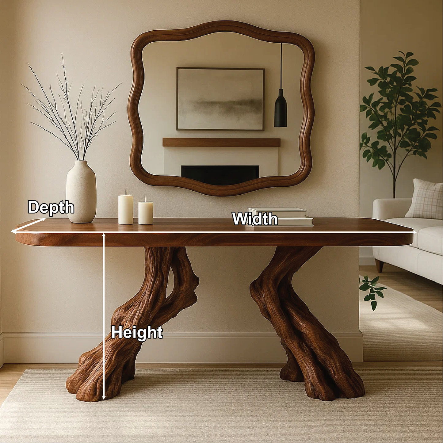 Handcrafted Solid Wood Console Table with Twin Root Base and Smooth Natural Finish Design Lynnsnail