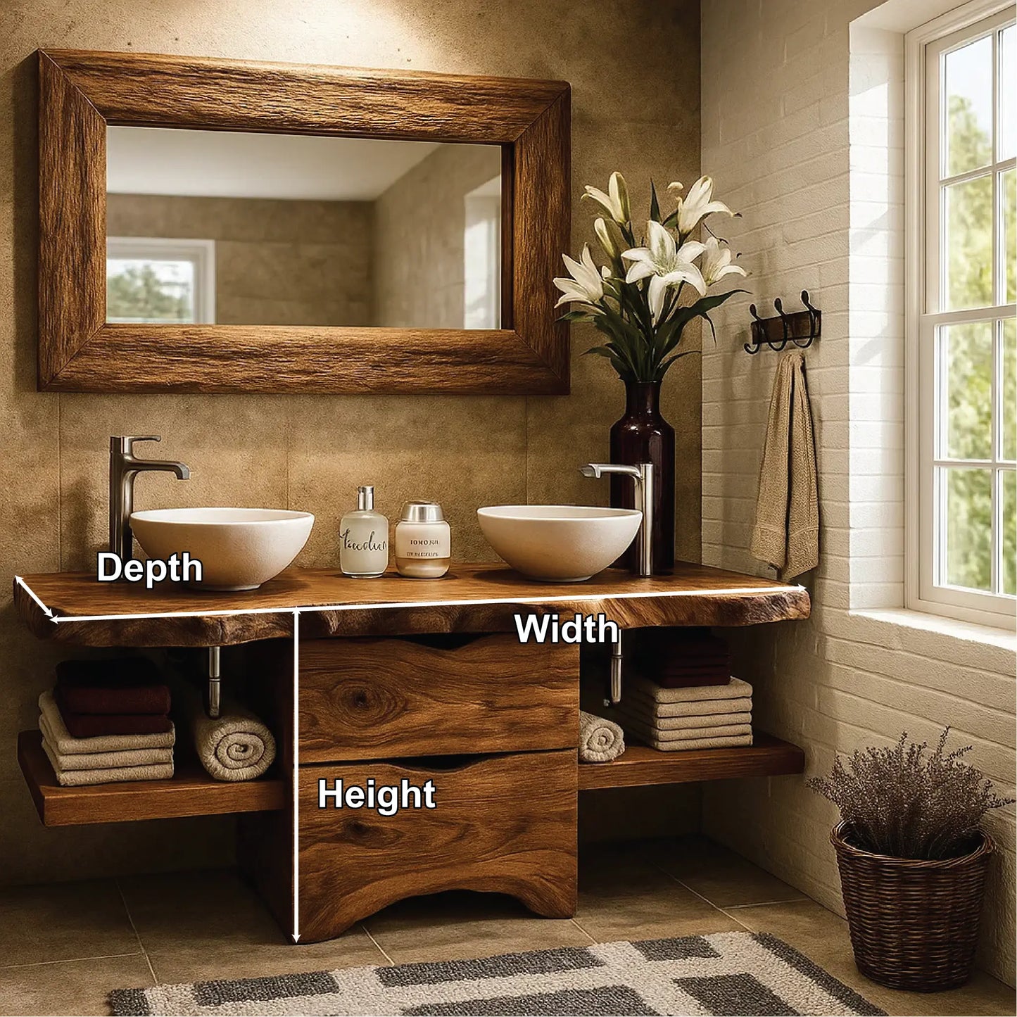 Handcrafted Double Bathroom Vanity in Solid Wood with Live Edge Top and Central Storage Drawers Lynnsnail