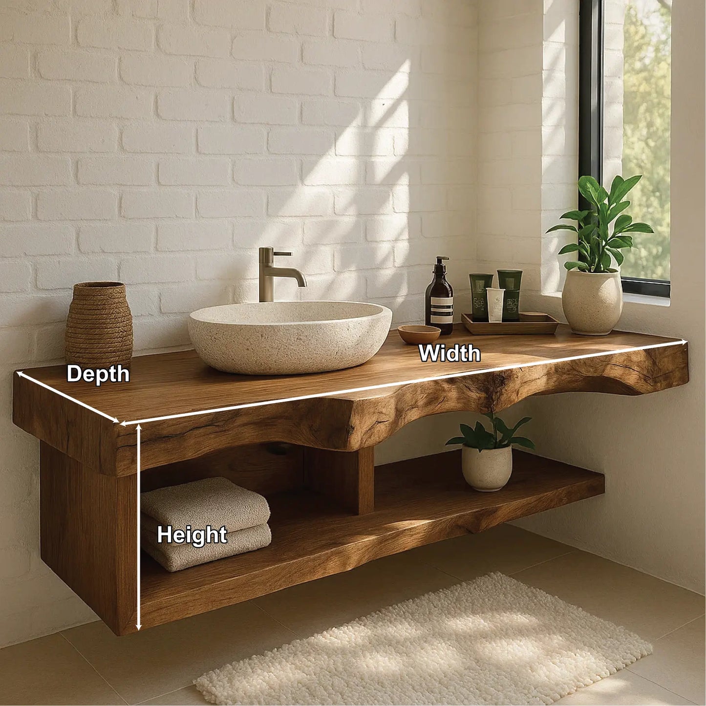 Handcrafted Solid Wood Floating Vanity with Natural Live Edge and Open Shelf Design Lynnsnail