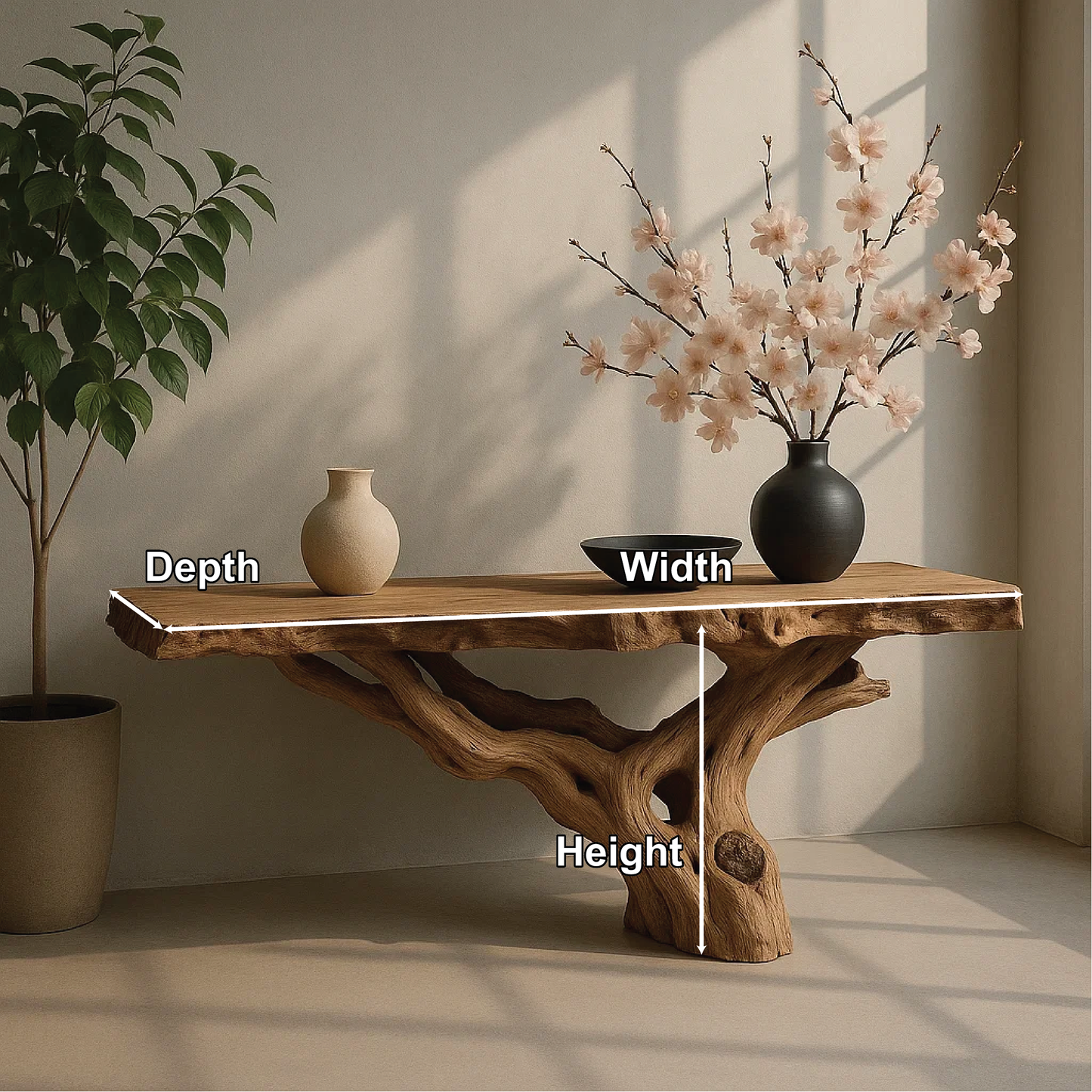 Handcrafted Solid Wood Console Table with Natural Root Base and Organic Live Edge Design Lynnsnail