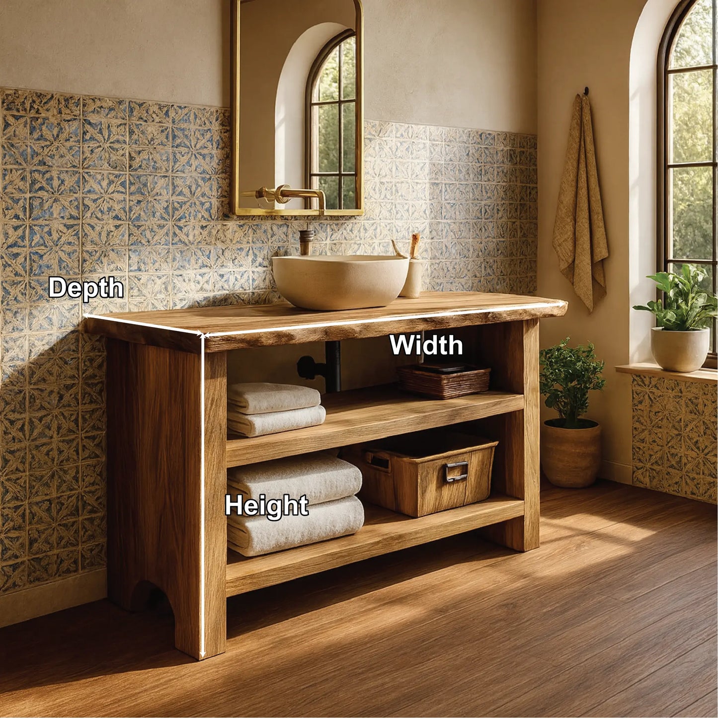 Handcrafted Solid Wood Bathroom Vanity with Live Edge Design and Rustic Open Shelf Storage Lynnsnail