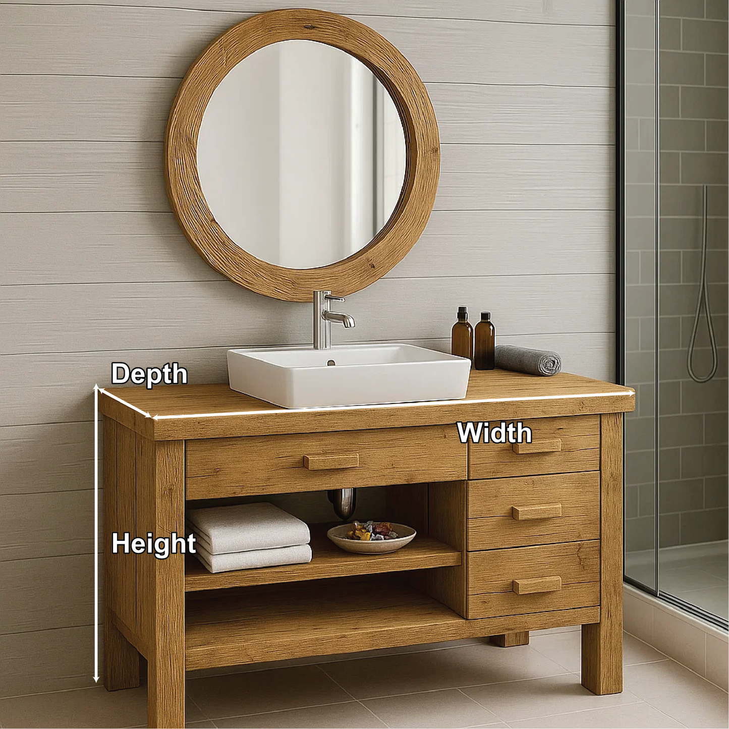 Handcrafted Solid Wood Bathroom Vanity with Drawers and Open Shelf in Natural Minimalist Style Lynnsnail