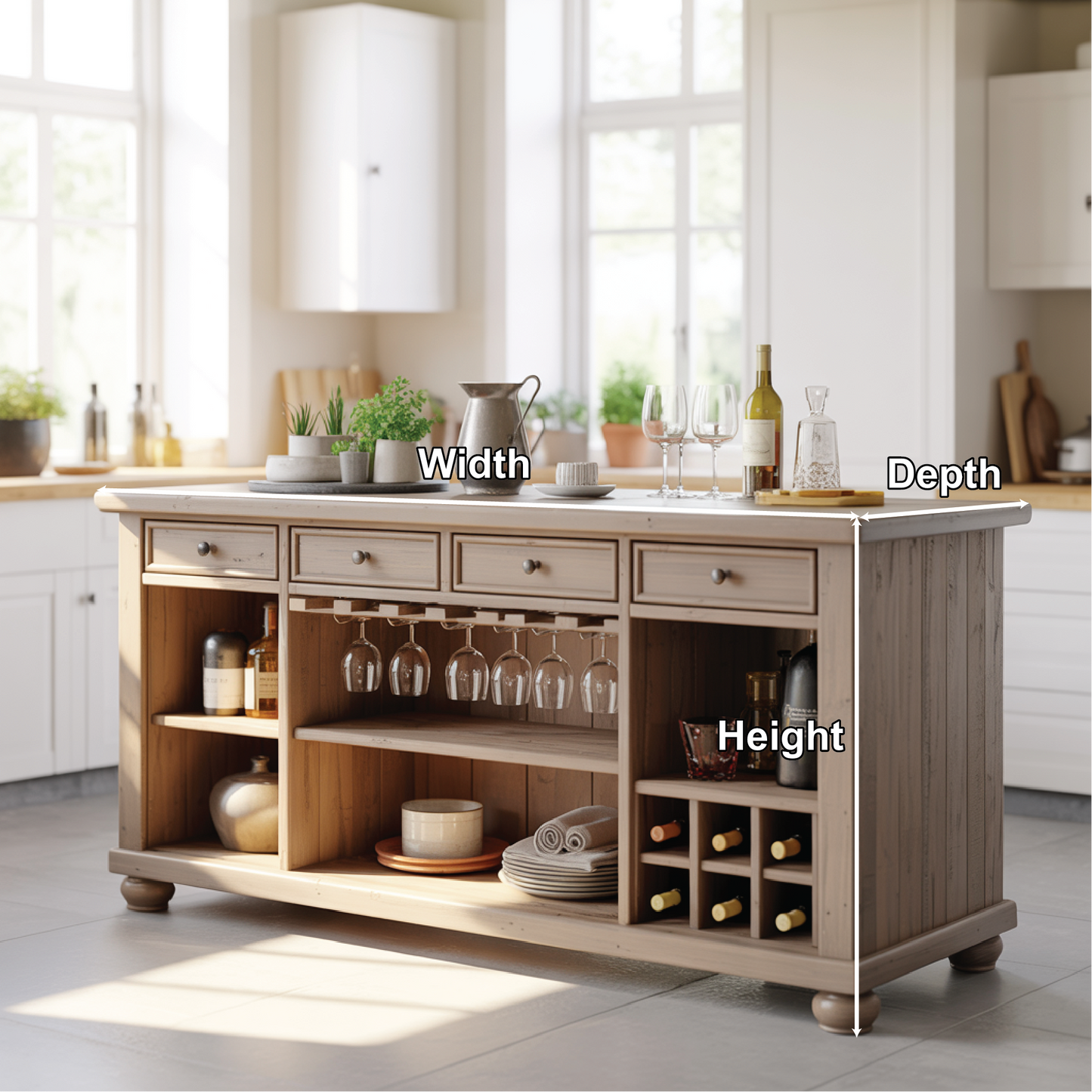 Handcrafted Solid Wood Kitchen Island with Wine Storage, Drawers, and Open Shelving Lynnsnail