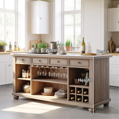 Handcrafted Solid Wood Kitchen Island with Wine Storage, Drawers, and Open Shelving Lynnsnail