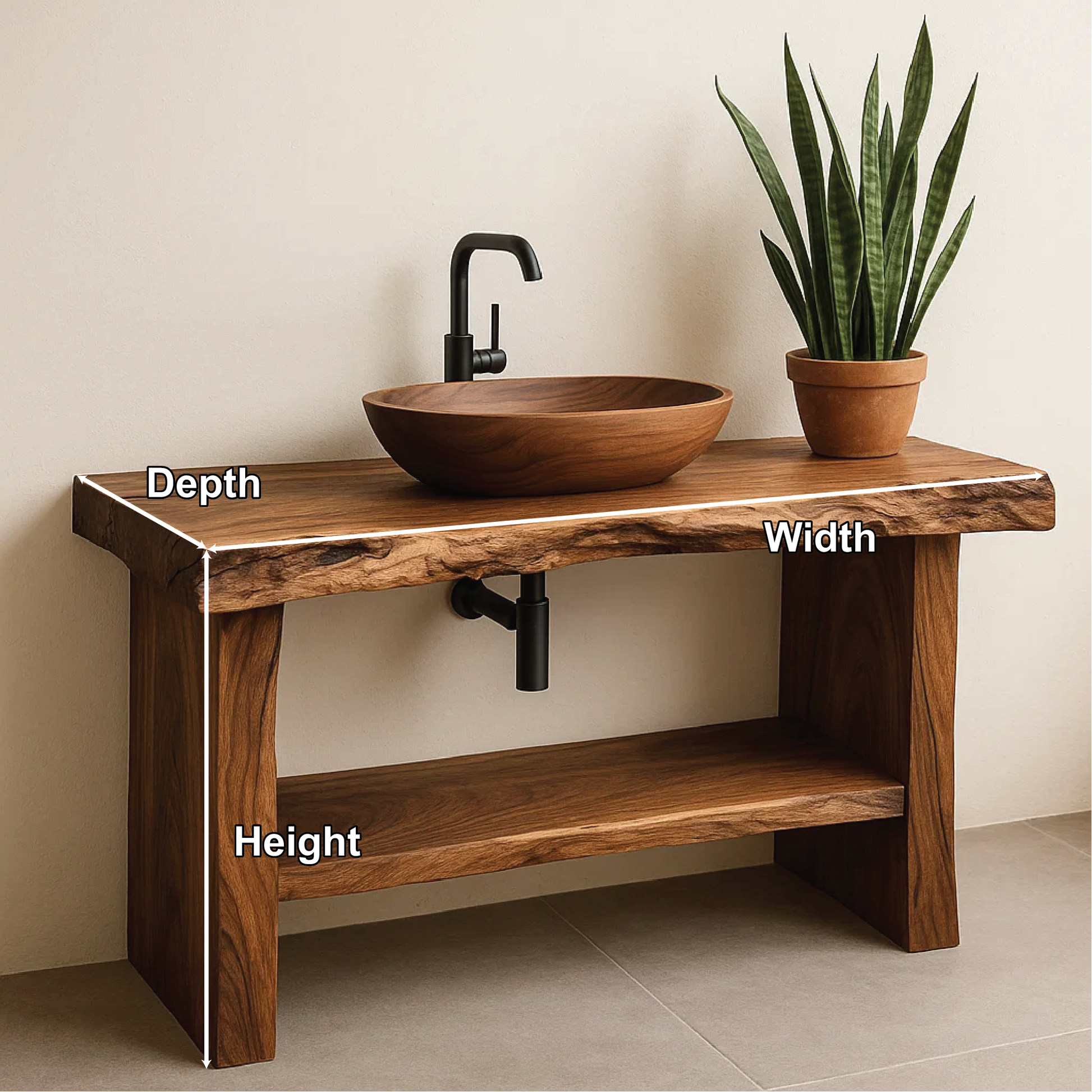 Handcrafted Live Edge Solid Wood Bathroom Vanity with Natural Finish and Open Storage Shelf Lynnsnail