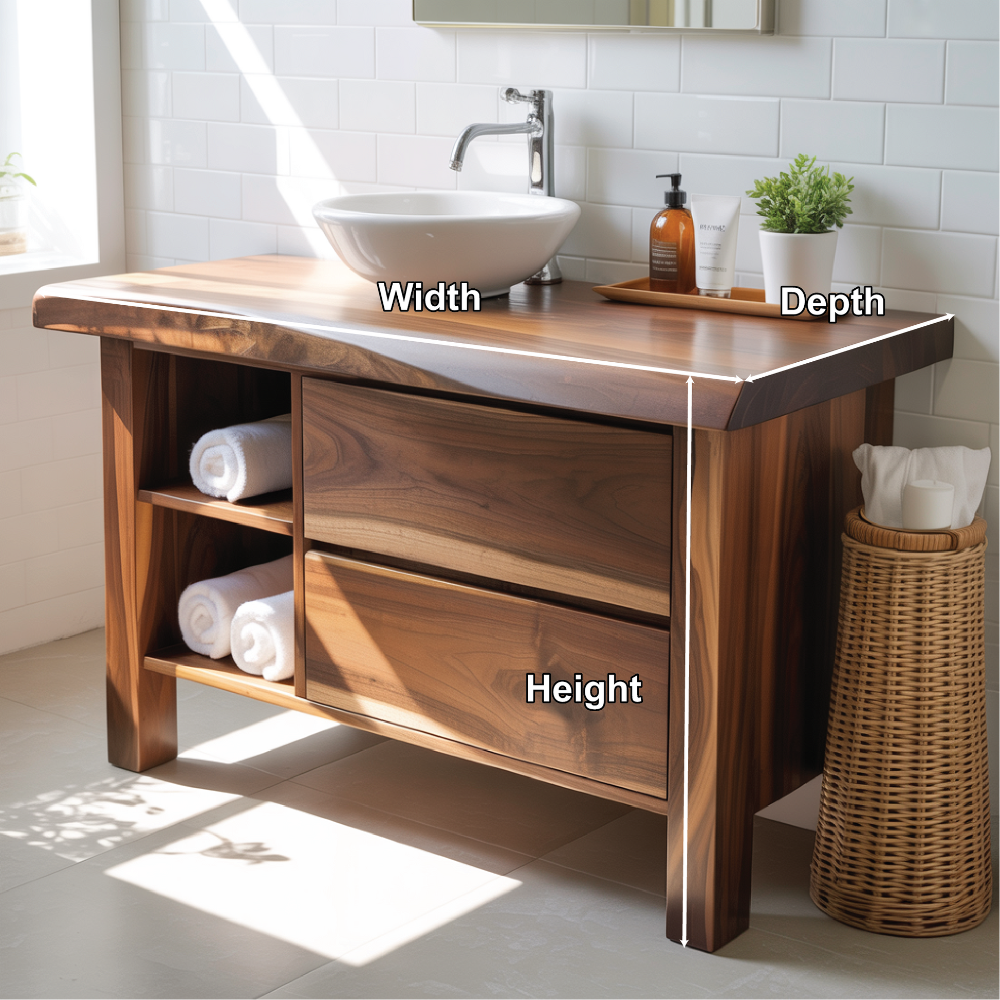 Handcrafted Solid Wood Bathroom Vanity with Live-Edge Countertop and Modern Open Shelf Storage Lynnsnail
