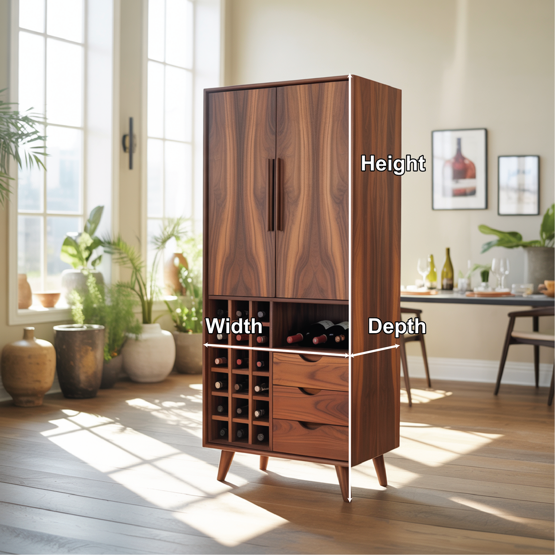 Handcrafted Solid Wood Dining Cabinet with Wine Storage Grid, Drawers and Tall Double Doors Lynnsnail