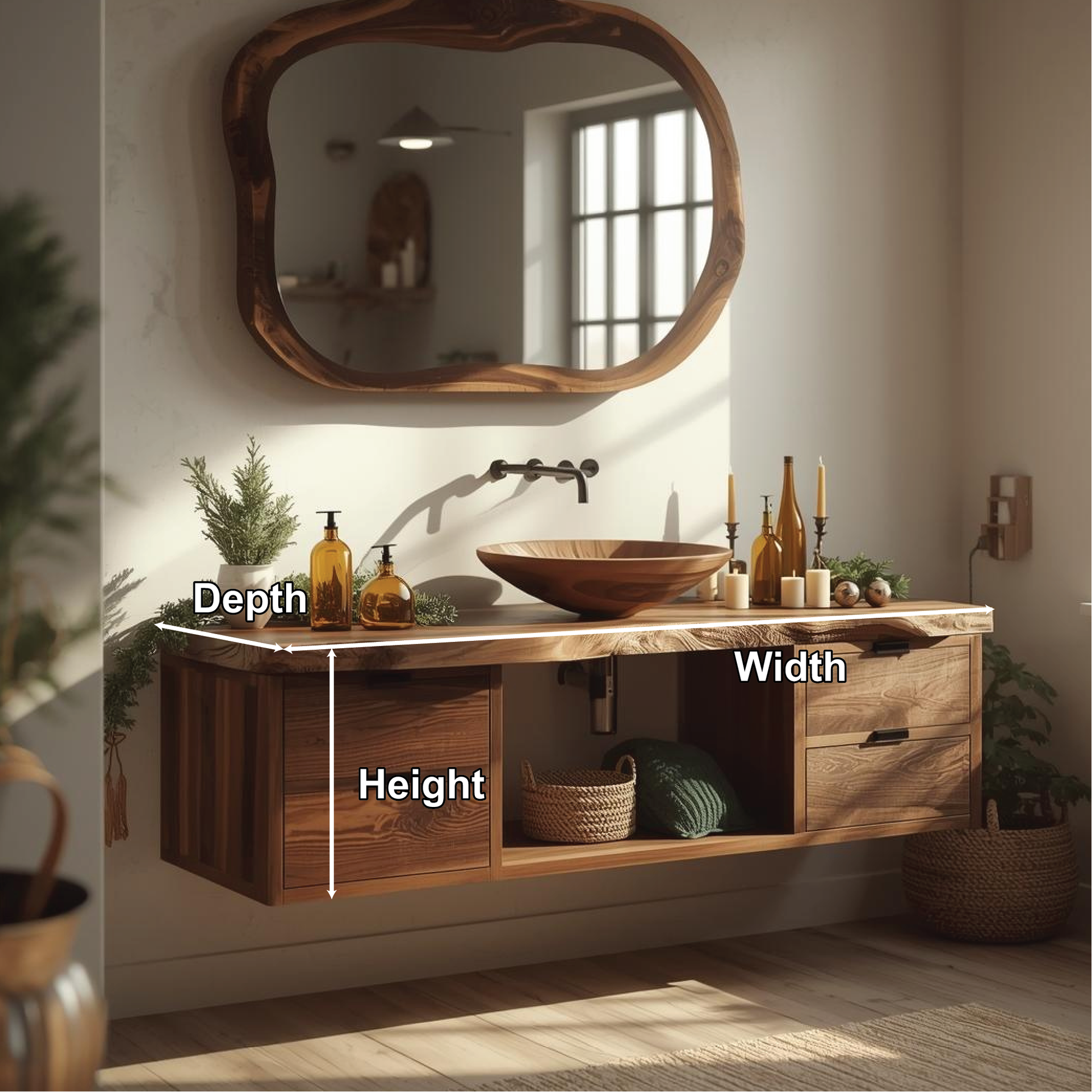 Handcrafted Solid Wood Floating Bathroom Vanity with Live Edge Countertop and Natural Mirror Lynnsnail