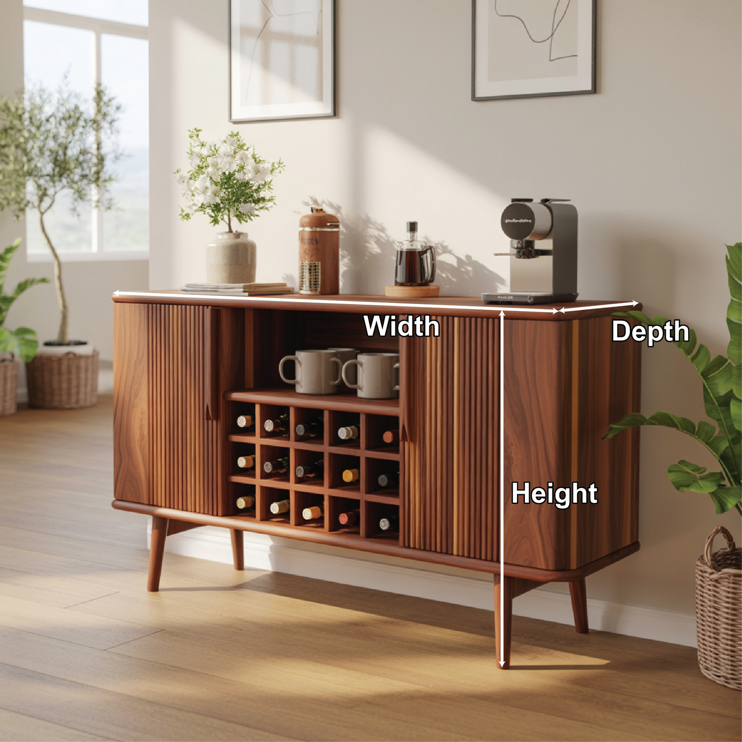 Solid Wood Wine Storage Cabinet with Slatted Doors and Multi-Bottle Rack for Modern Homes Lynnsnail