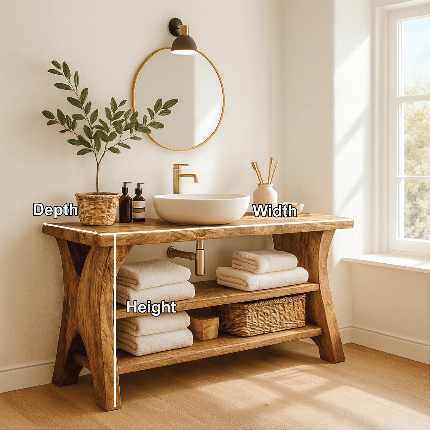 Handcrafted Solid Wood Bathroom Vanity with Natural Live Edge and Open Storage Shelf Design Lynnsnail