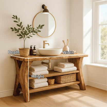Handcrafted Solid Wood Bathroom Vanity with Natural Live Edge and Open Storage Shelf Design Lynnsnail
