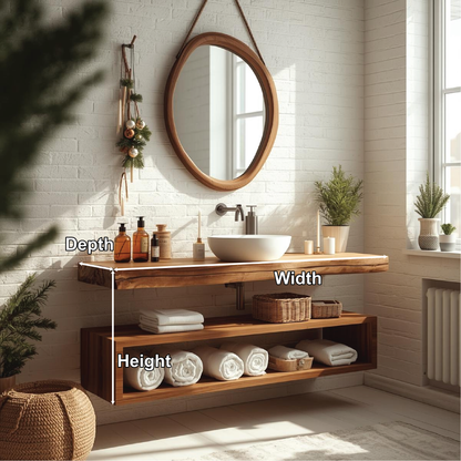 Handcrafted Solid Wood Floating Bathroom Vanity with Live Edge Countertop and Open Storage Shelf Lynnsnail