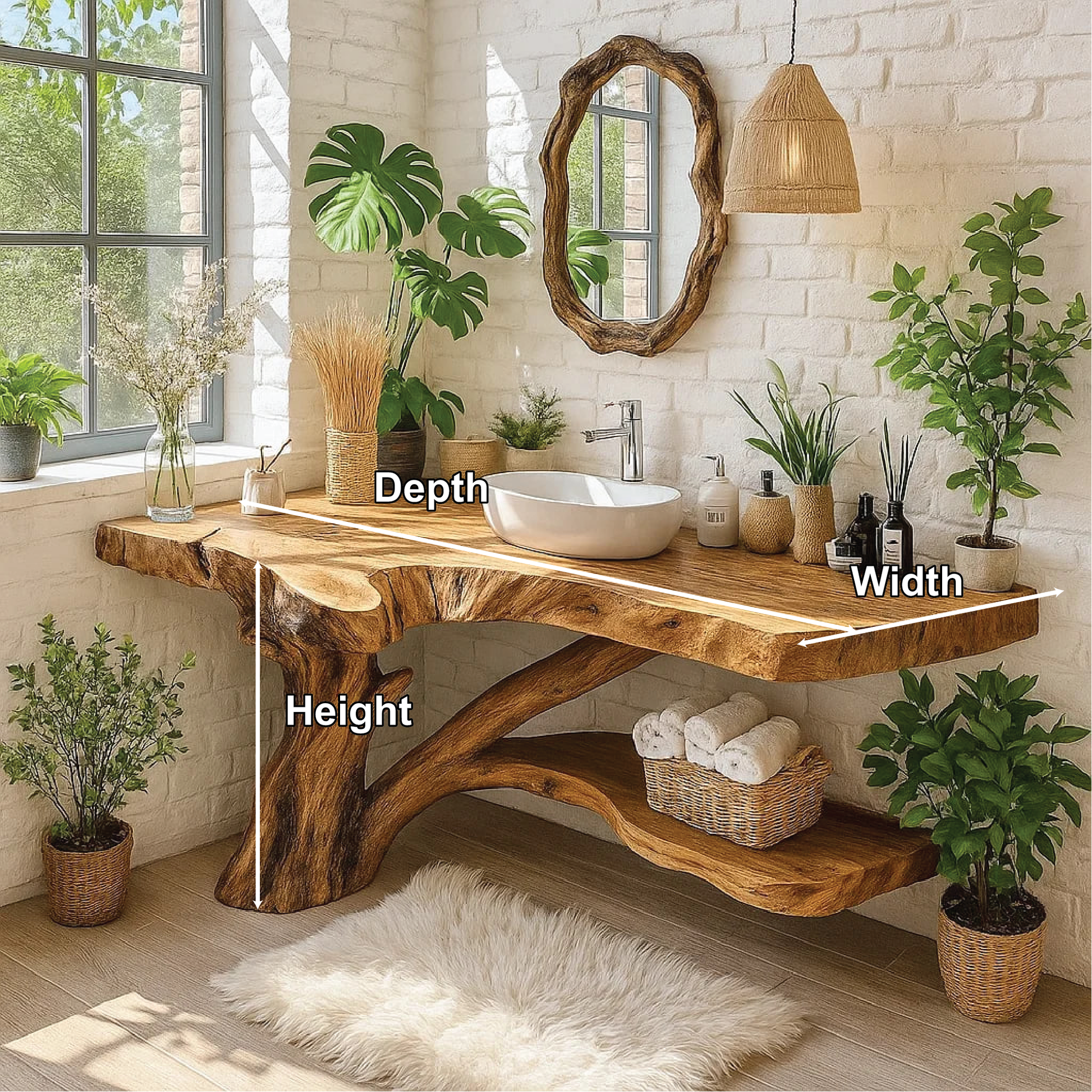 Handcrafted Solid Wood Bathroom Vanity with Natural Tree Trunk Base and Live Edge Design Lynnsnail