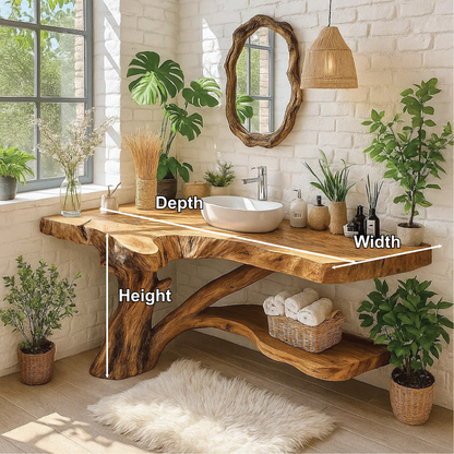 Handcrafted Solid Wood Bathroom Vanity with Natural Tree Trunk Base and Live Edge Design Lynnsnail