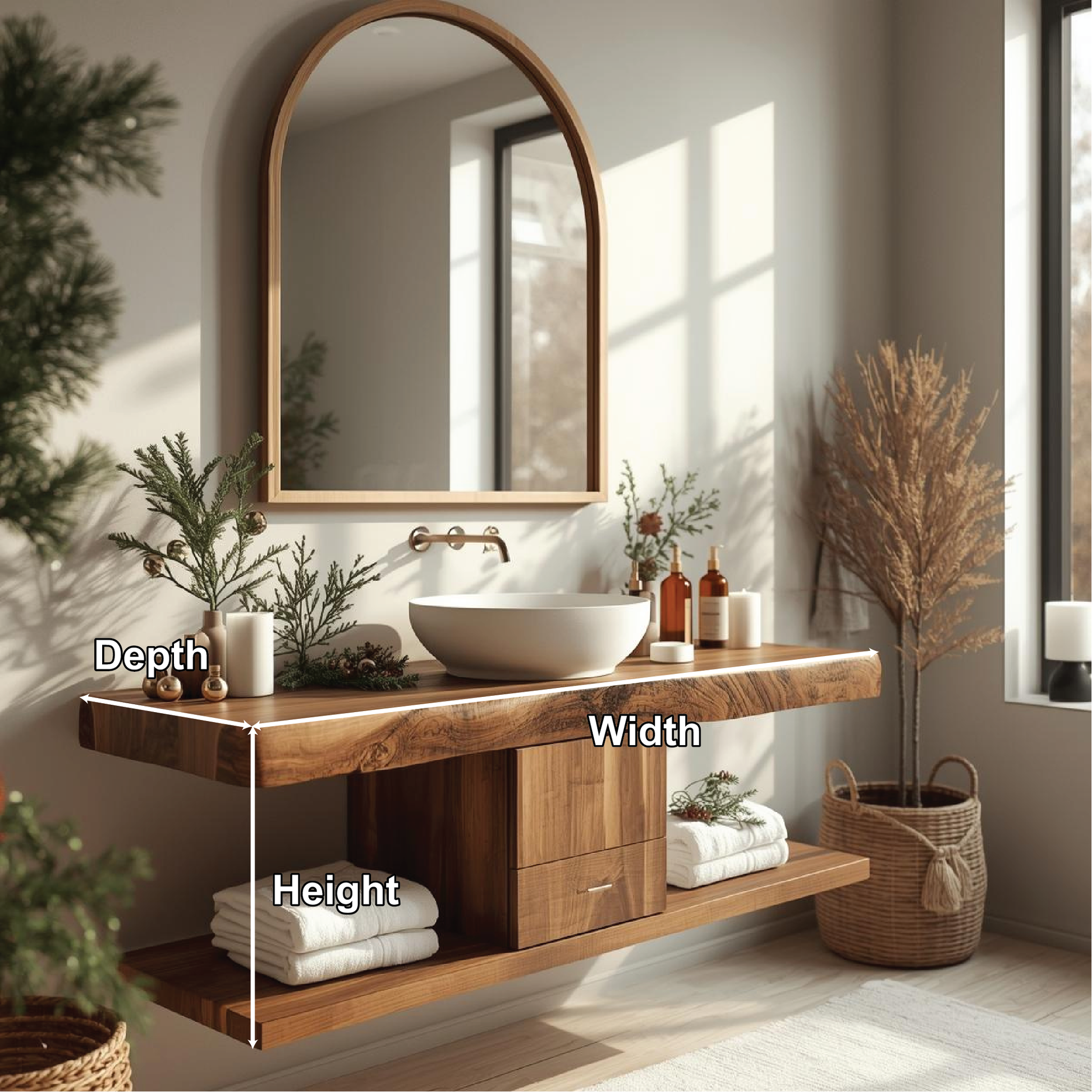 Handcrafted Solid Wood Floating Bathroom Vanity with Center Drawer and Natural Live Edge Top Lynnsnail