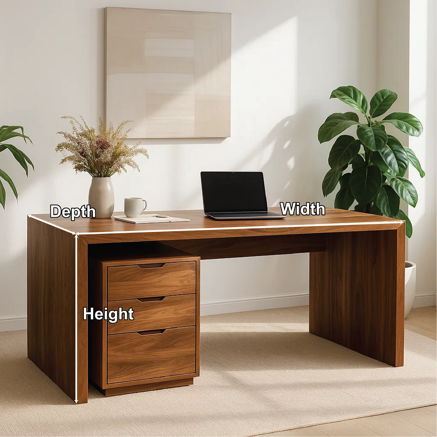 Handcrafted Solid Wood Work Desk – Minimalist Executive Office Table with 3-Drawer Storage Lynnsnail