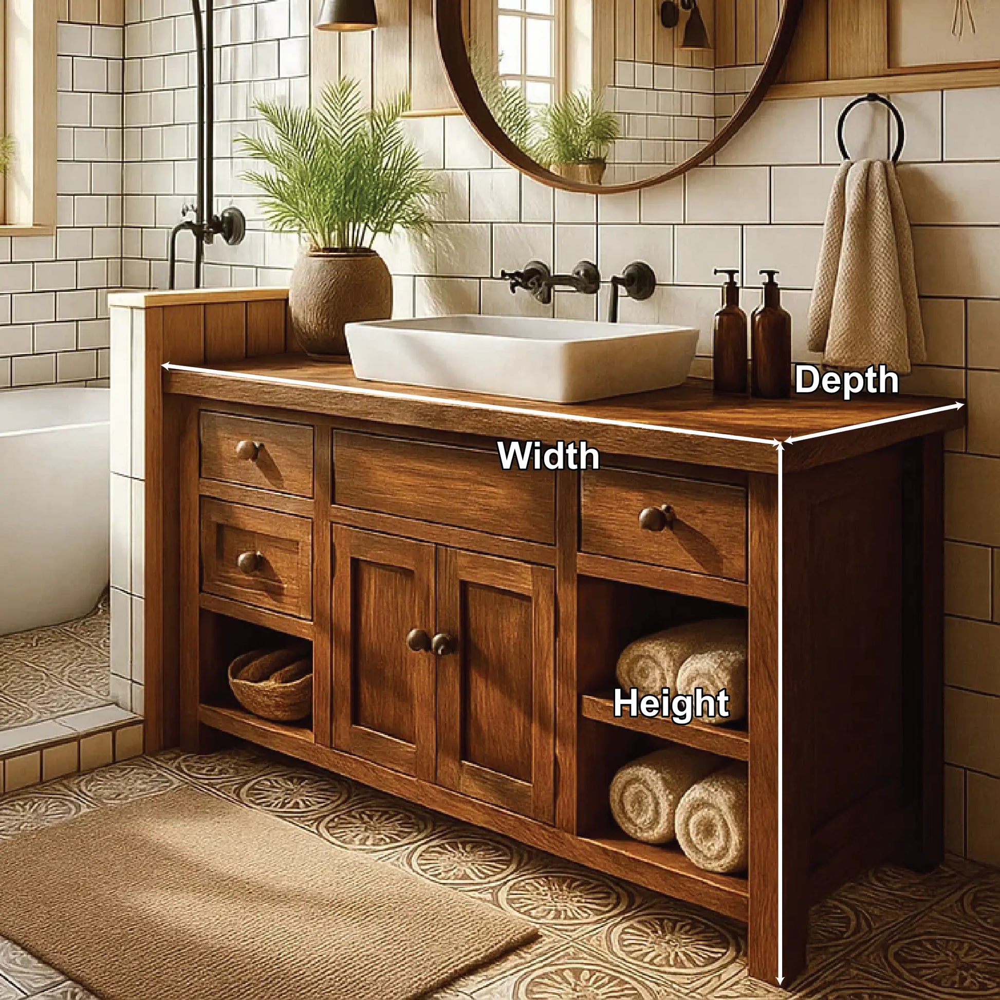 Handcrafted Solid Wood Bathroom Vanity with Drawers and Open Shelves in Warm Walnut Finish Lynnsnail