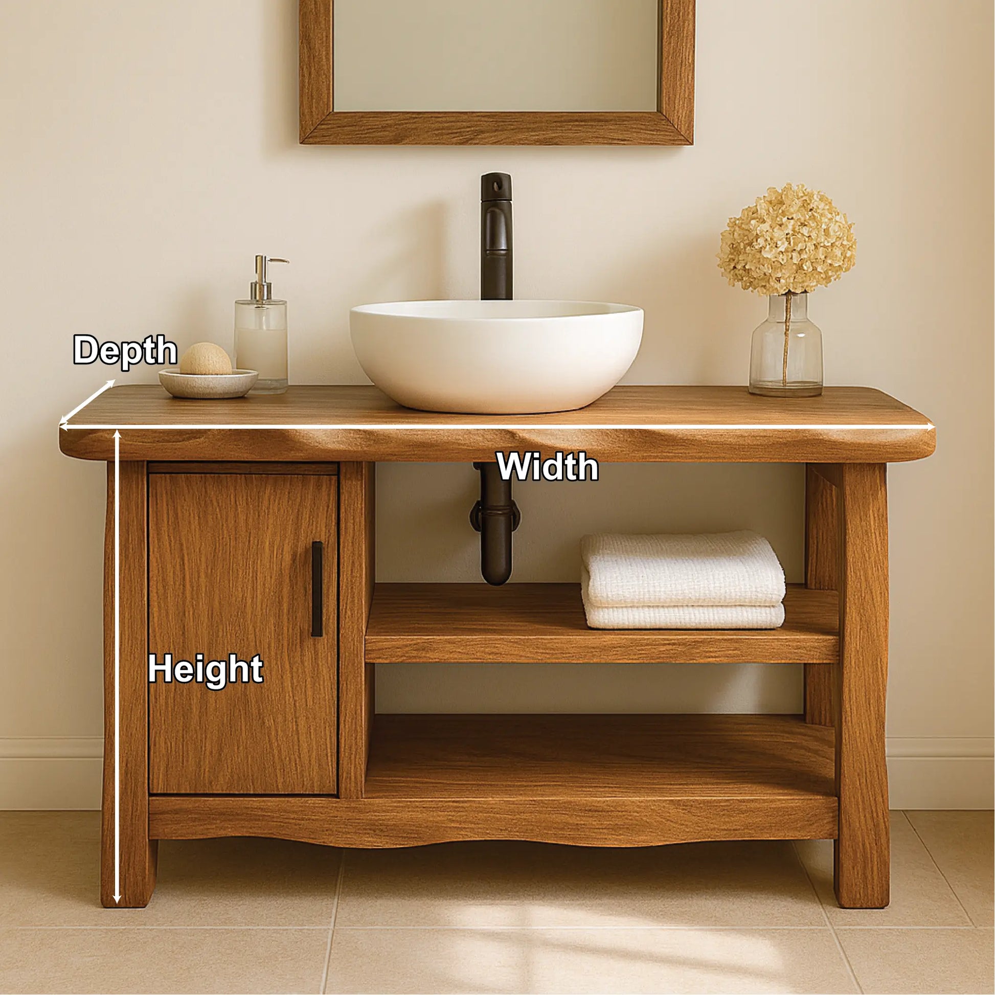 Handcrafted Solid Wood Bathroom Vanity with Cabinet and Open Shelves for Natural Minimal Interiors Lynnsnail