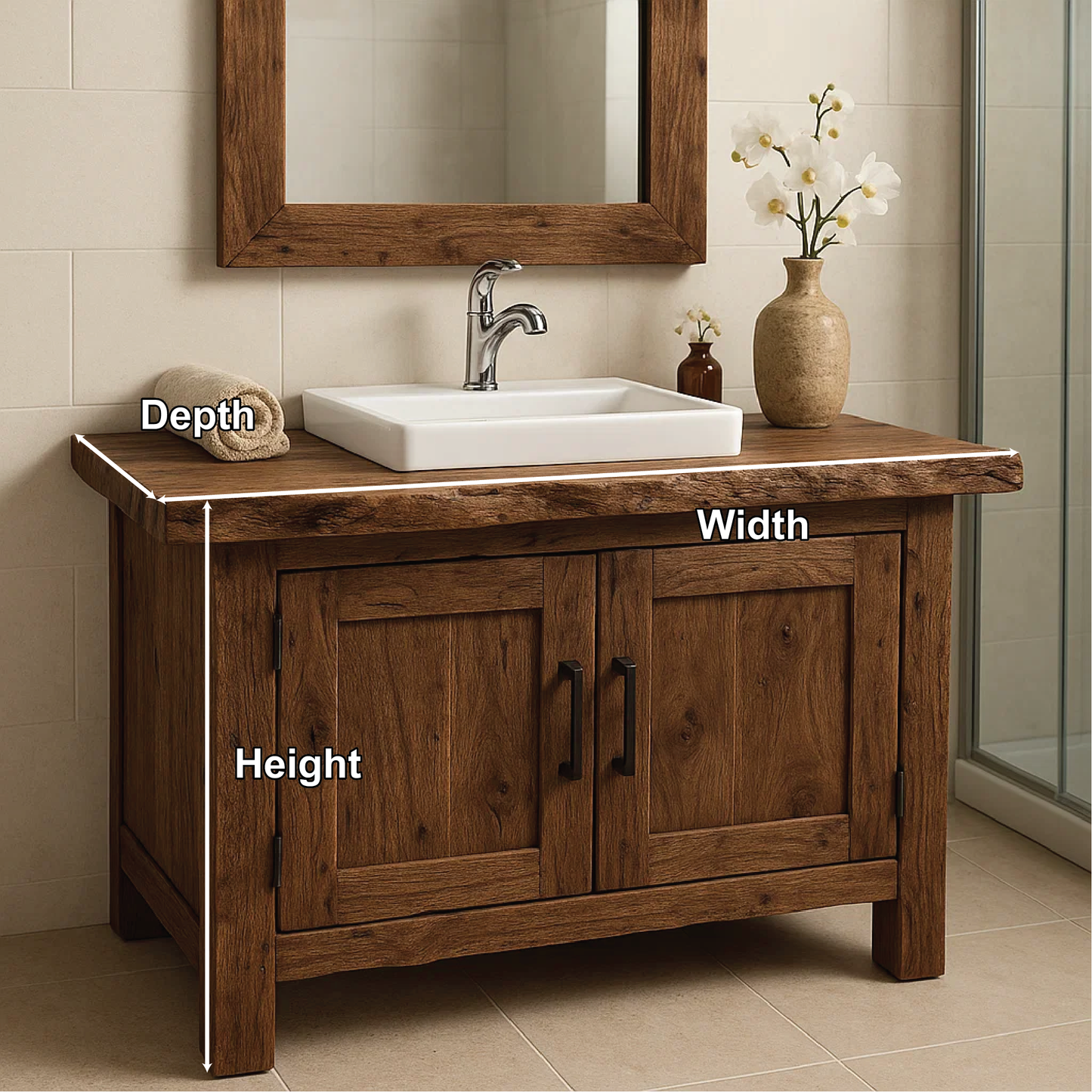 Rustic Handcrafted Solid Wood Bathroom Vanity with Natural Live Edge Top and Double Doors Lynnsnail