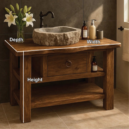 Handcrafted Solid Wood Bathroom Vanity with Drawer and Shelves for Rustic Natural Interior Design Lynnsnail