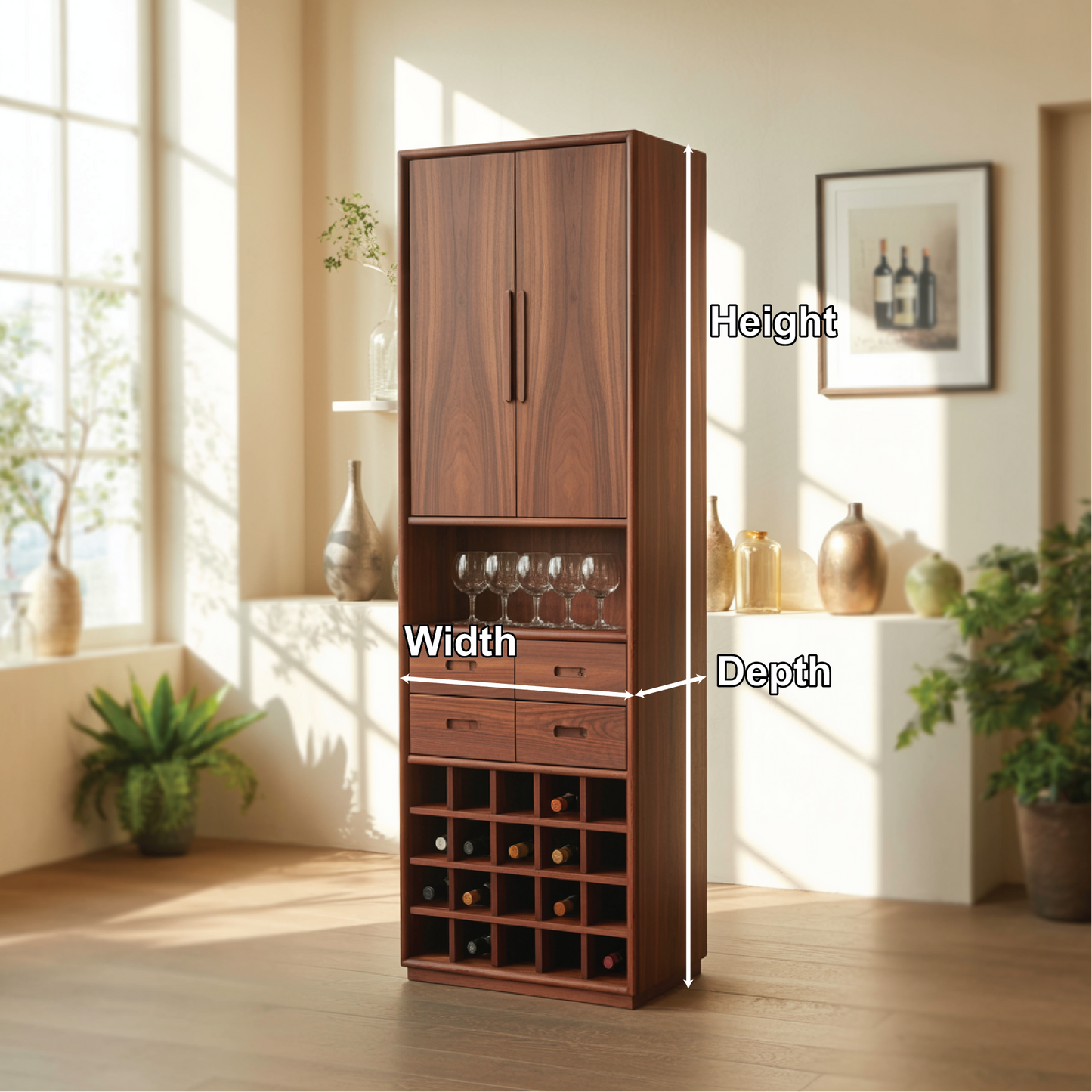 Handcrafted Solid Wood Dining Cabinet with Tall Doors, Wine Storage Grid and Four Drawers Lynnsnail
