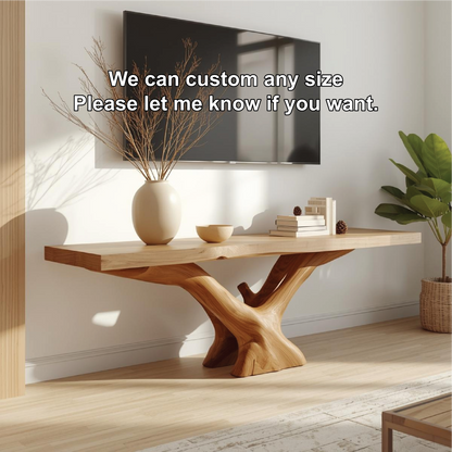 Handcrafted Solid Wood TV Stand with Natural Live Edge and Artistic Root-Inspired Base