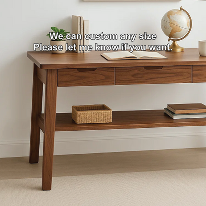 Handcrafted Solid Wood Writing Desk – Minimalist Work Table with Drawers and Open Shelf Design