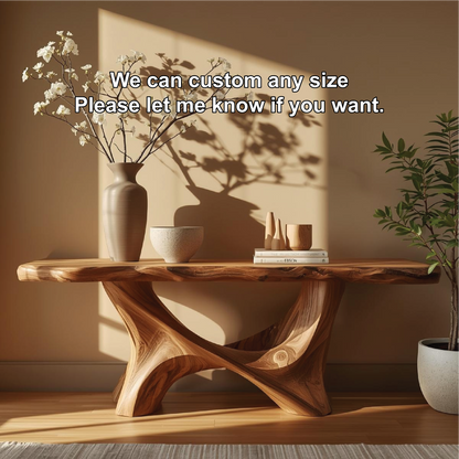Handcrafted Solid Wood Console Table with Sculptural Organic Base and Live Edge Natural Finish