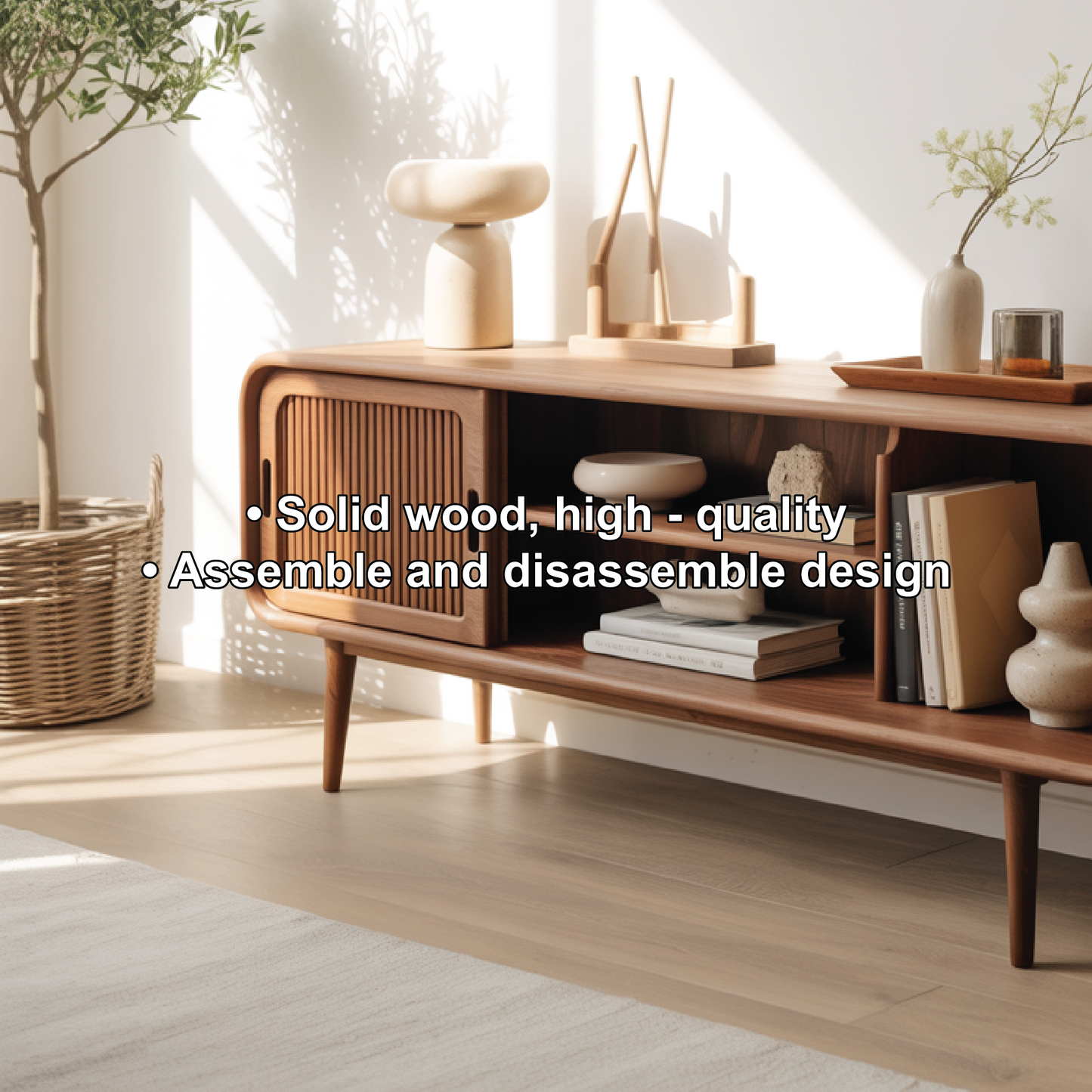 Solid Wood Console Table with Sliding Door – Handcrafted Mid-Century Storage & Display Shelf Lynnsnail