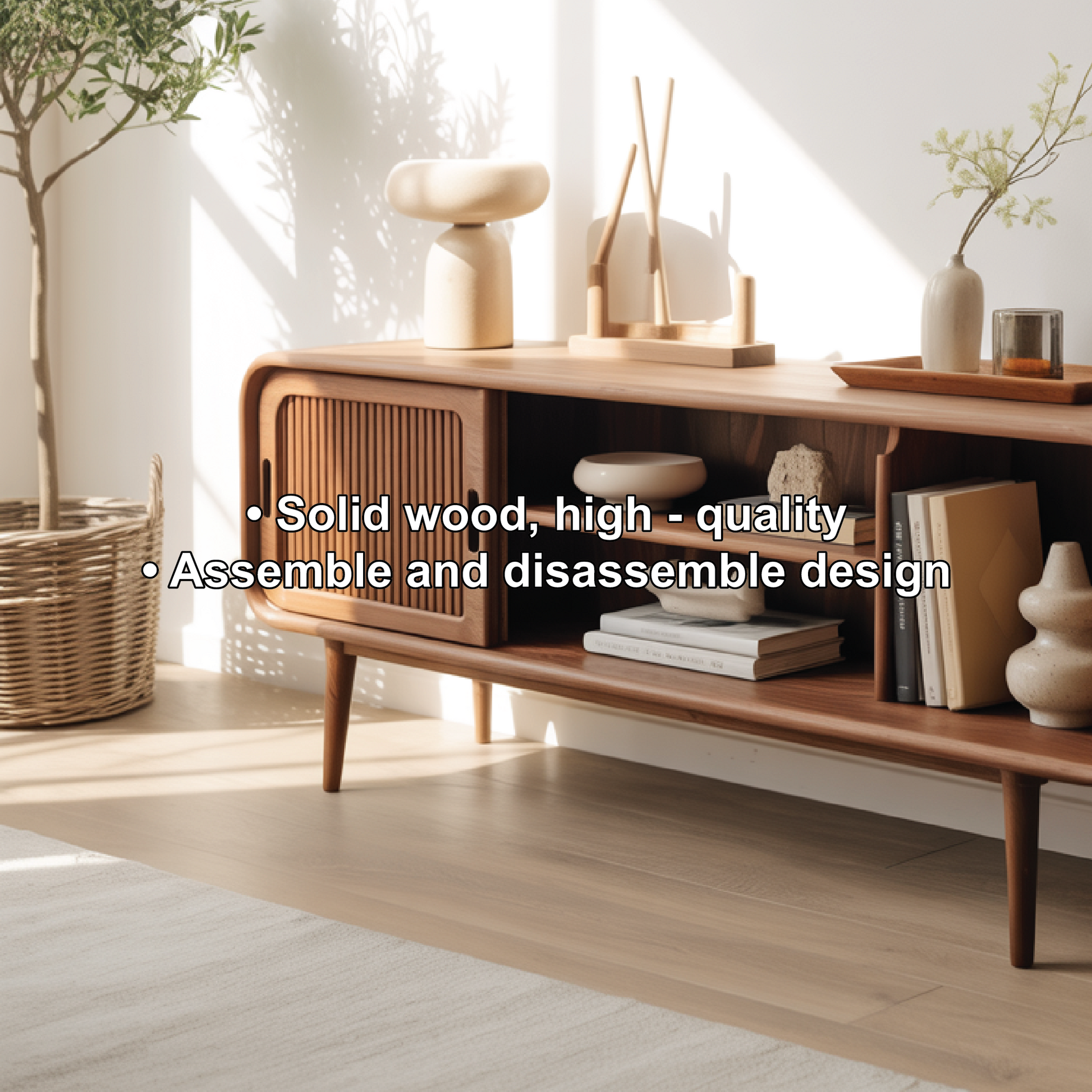 Solid Wood Console Table with Sliding Door – Handcrafted Mid-Century Storage & Display Shelf Lynnsnail