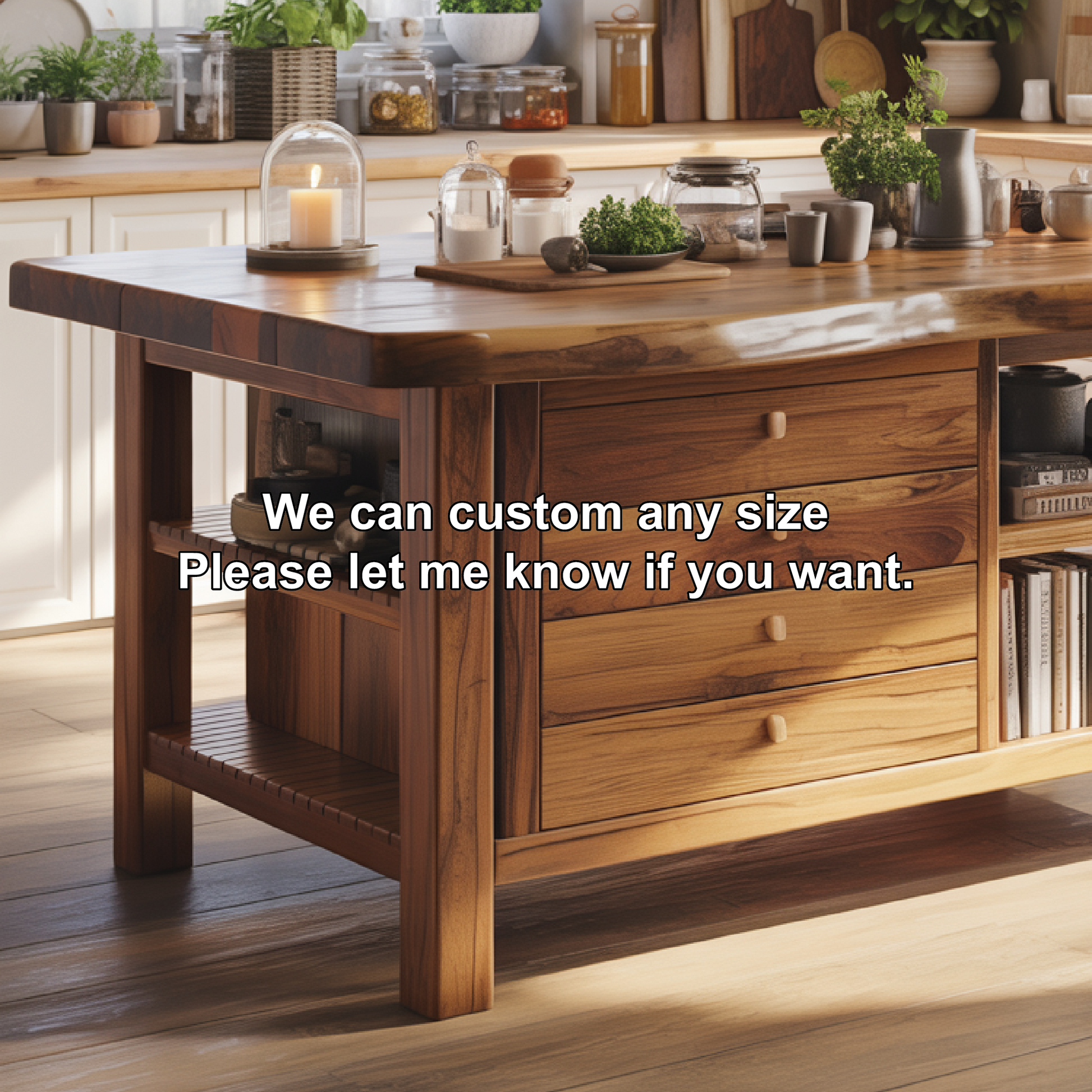 Handcrafted Solid Wood Kitchen Island with Drawers, Open Shelves, and Natural Live-Edge Top Lynnsnail