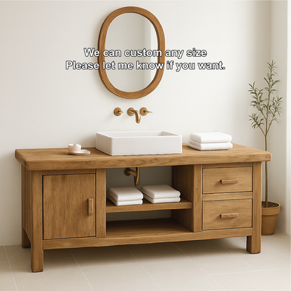 Handcrafted Solid Wood Bathroom Vanity with Drawers and Cabinet in Minimalist Natural Finish Lynnsnail