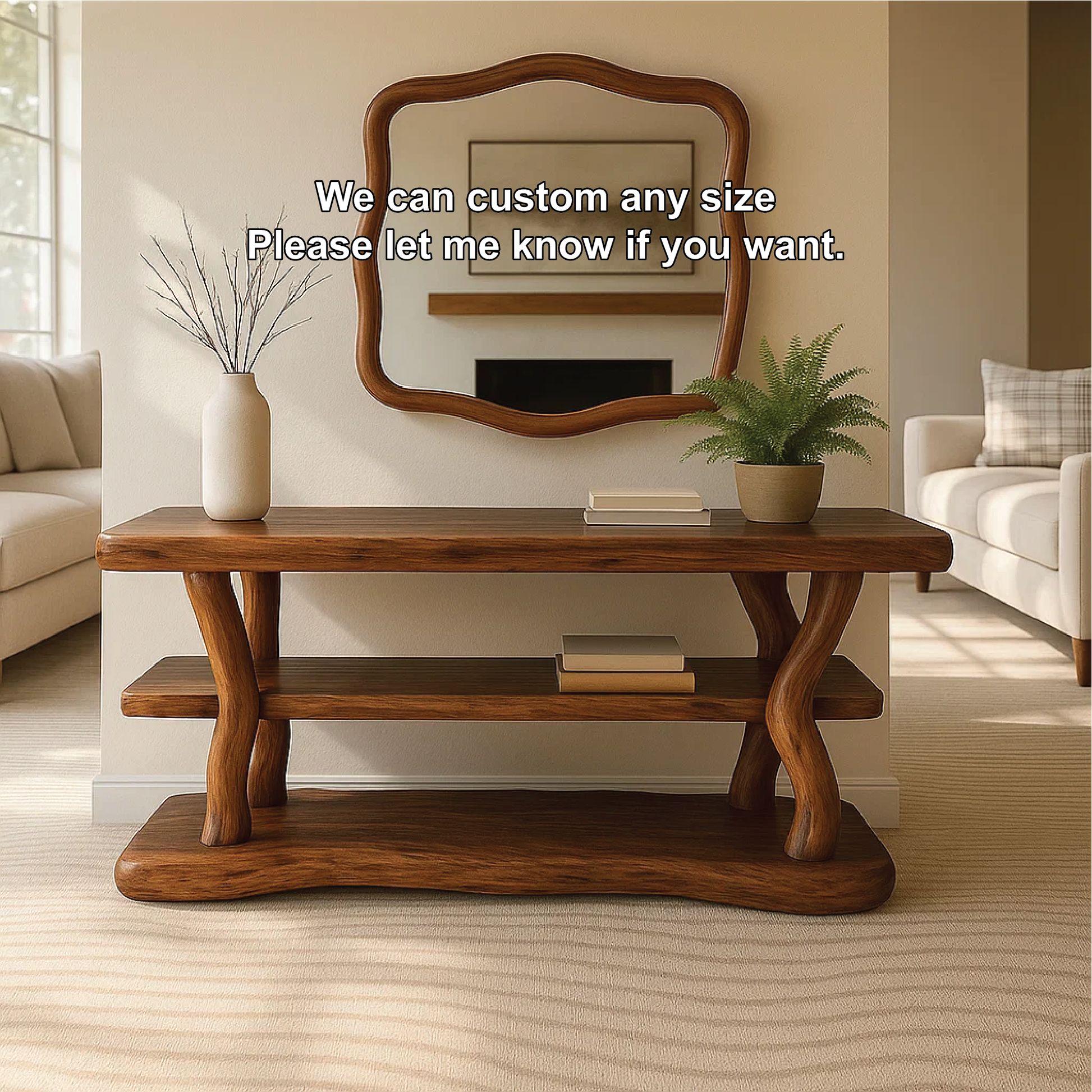 Handcrafted Solid Wood Console Table with Organic Curved Legs and Natural Smooth Finish Lynnsnail