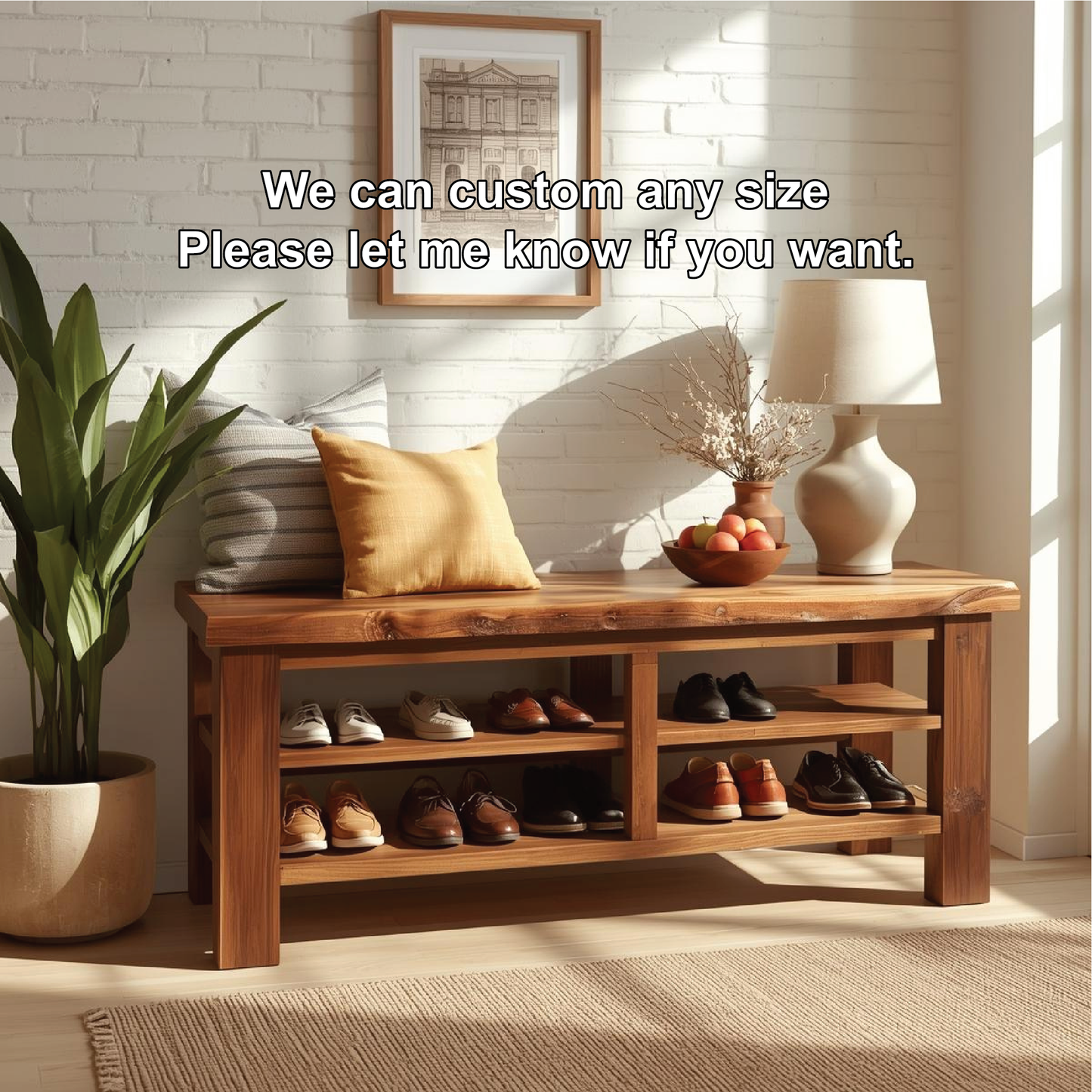 Handcrafted Solid Wood Entryway Bench with Live Edge Top and Multi-Tier Shoe Storage Shelves Lynnsnail