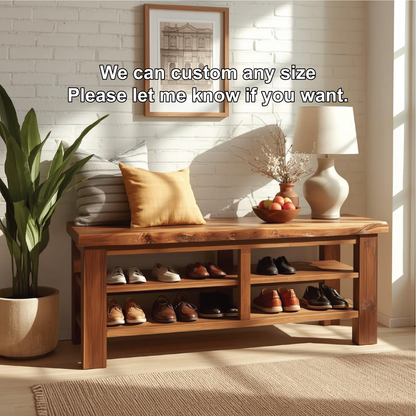 Handcrafted Solid Wood Entryway Bench with Live Edge Top and Multi-Tier Shoe Storage Shelves Lynnsnail