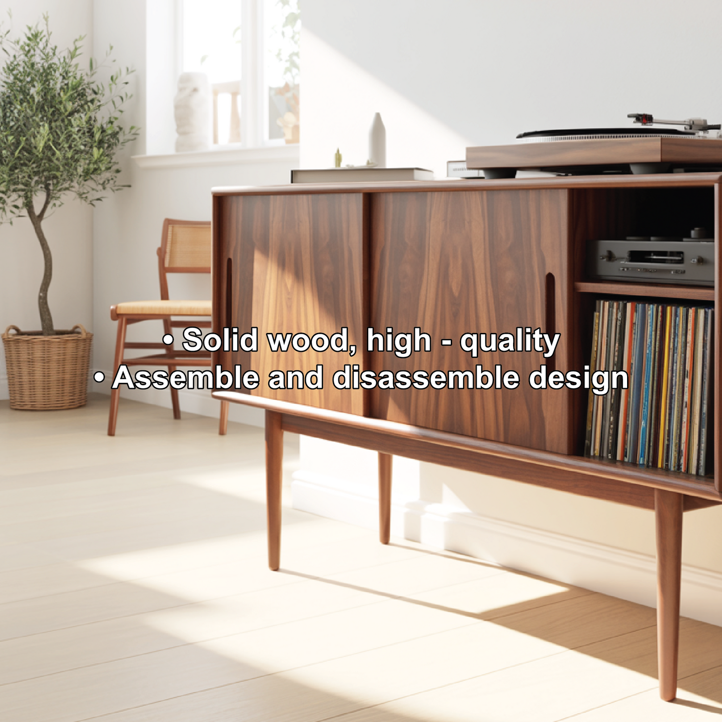 Solid Wood Console Table with Sliding Doors – Mid-Century Style Storage Cabinet for Living Room Lynnsnail