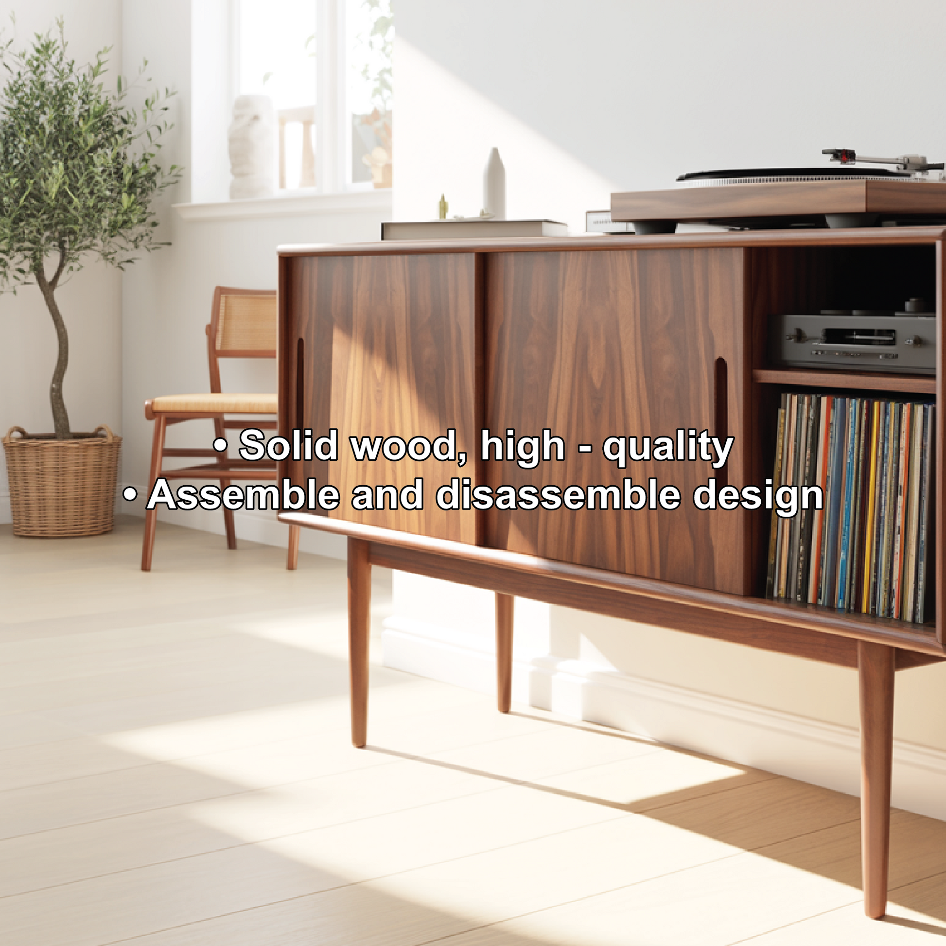 Solid Wood Console Table with Sliding Doors – Mid-Century Style Storage Cabinet for Living Room Lynnsnail