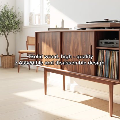 Solid Wood Console Table with Sliding Doors – Mid-Century Style Storage Cabinet for Living Room Lynnsnail