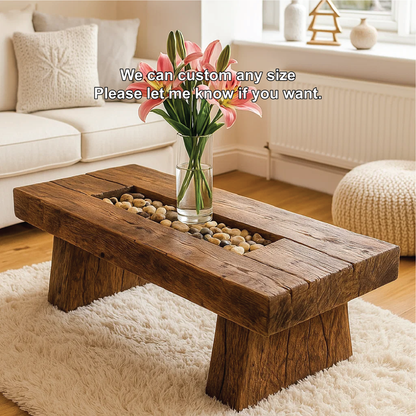 Handcrafted Solid Wood Coffee Table with Rustic Live Edge Design and Natural Stone Centerpiece Lynnsnail