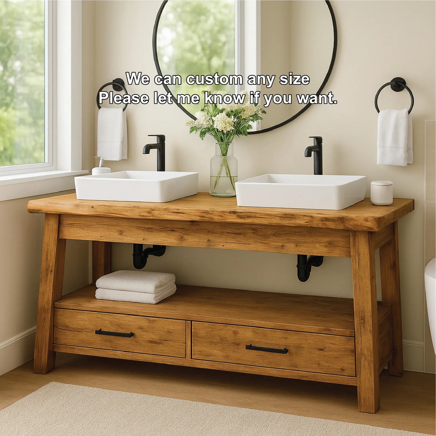 Handcrafted Double Solid Wood Bathroom Vanity with Drawers and Natural Finish for Modern Spaces Lynnsnail