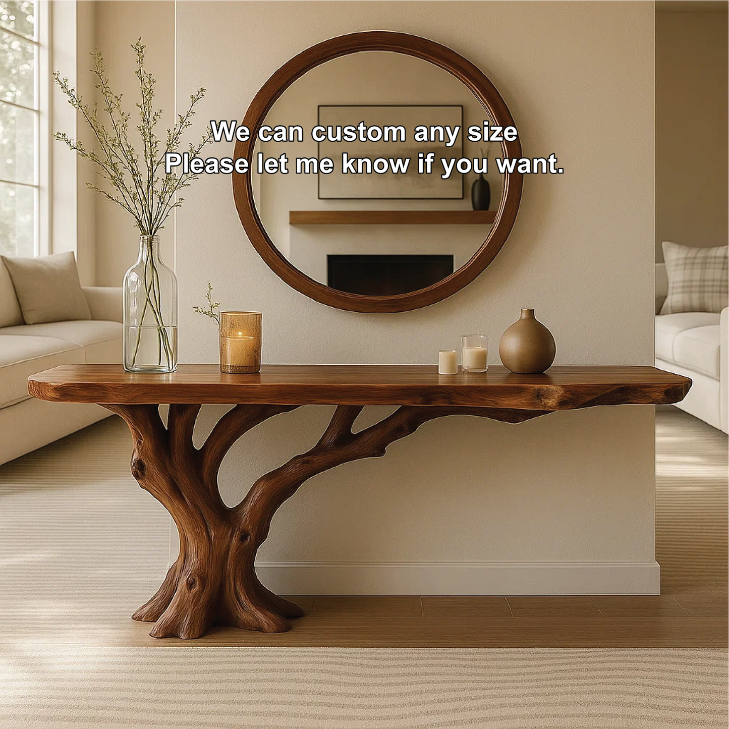 Handcrafted Solid Wood Console Table with Tree Trunk Base and Natural Live Edge Design Lynnsnail