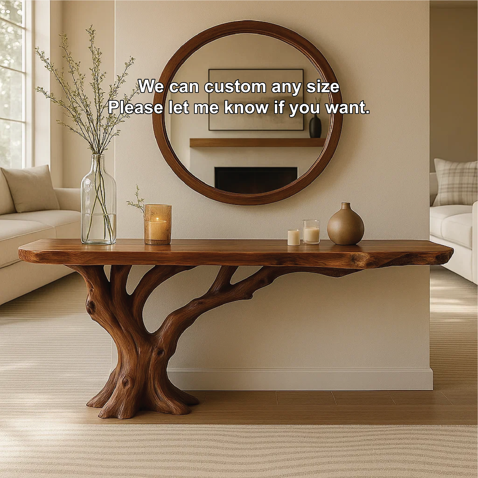 Handcrafted Solid Wood Console Table with Tree Trunk Base and Natural Live Edge Design Lynnsnail