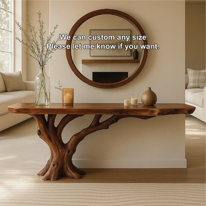 Handcrafted Solid Wood Console Table with Tree Trunk Base and Natural Live Edge Design Lynnsnail