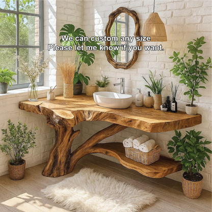 Handcrafted Solid Wood Bathroom Vanity with Natural Tree Trunk Base and Live Edge Design Lynnsnail