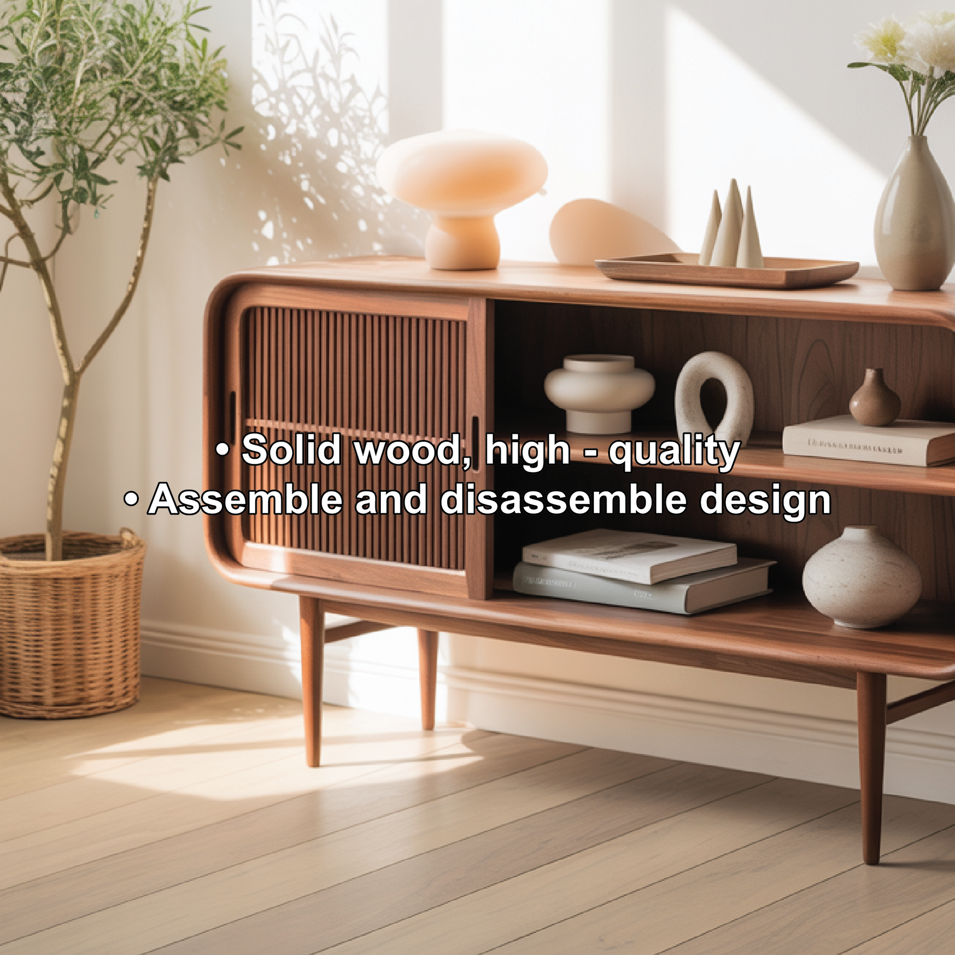 Solid Wood Console Table with Sliding Door – Handcrafted Mid-Century Storage Cabinet Lynnsnail