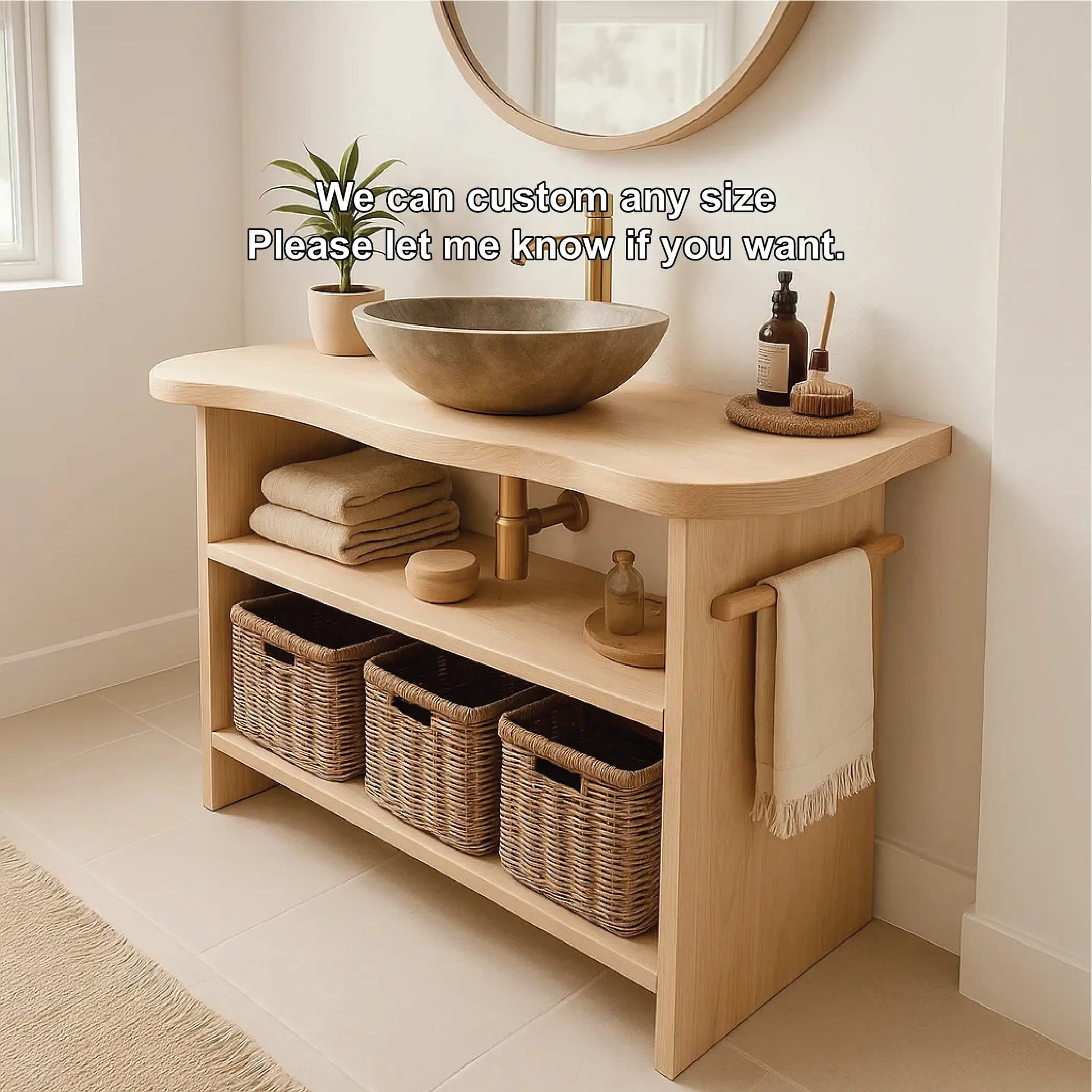 Handcrafted Solid Wood Bathroom Vanity with Curved Edge Design and Open Shelves for Modern Spaces Lynnsnail