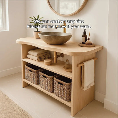 Handcrafted Solid Wood Bathroom Vanity with Curved Edge Design and Open Shelves for Modern Spaces Lynnsnail
