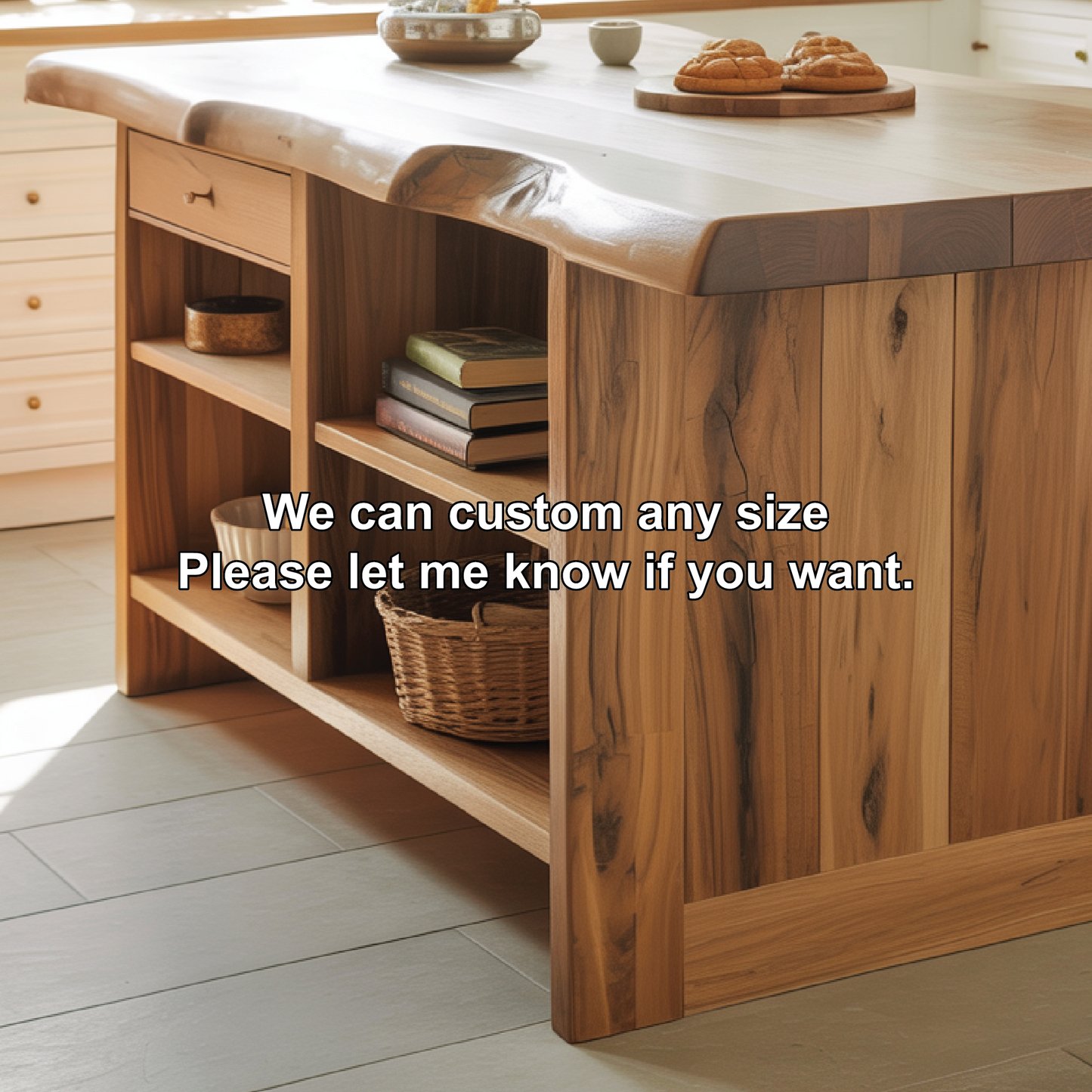 Handcrafted Solid Wood Kitchen Island with Live-Edge Top and Open Storage Shelves Lynnsnail