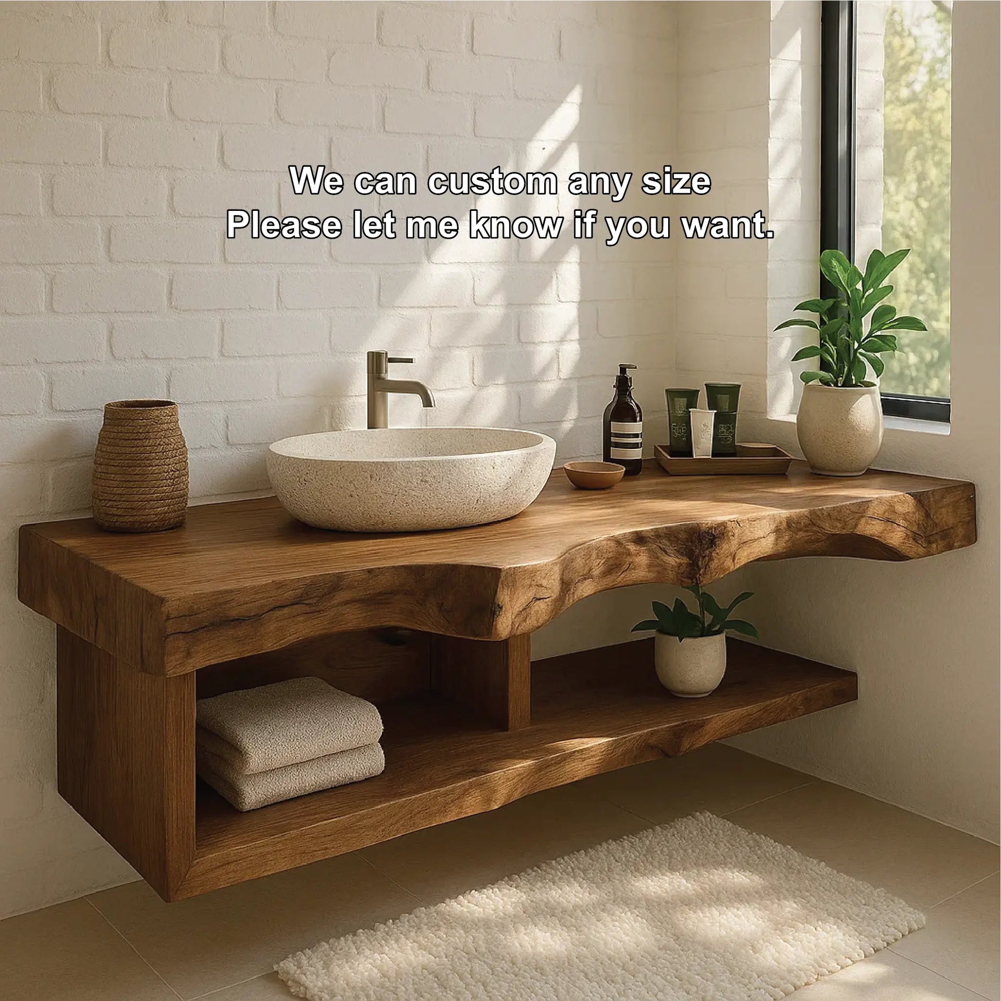 Handcrafted Solid Wood Floating Vanity with Natural Live Edge and Open Shelf Design Lynnsnail