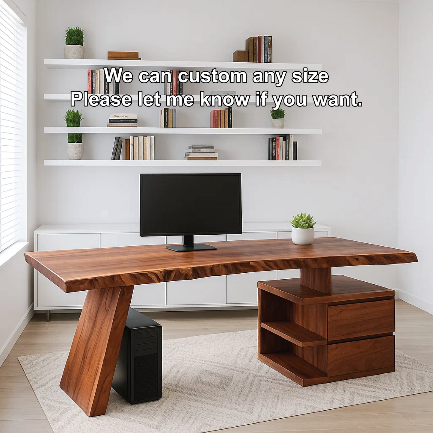 Handcrafted Solid Wood Work Desk – Live Edge Executive Office Table with Modern Asymmetric Base Lynnsnail